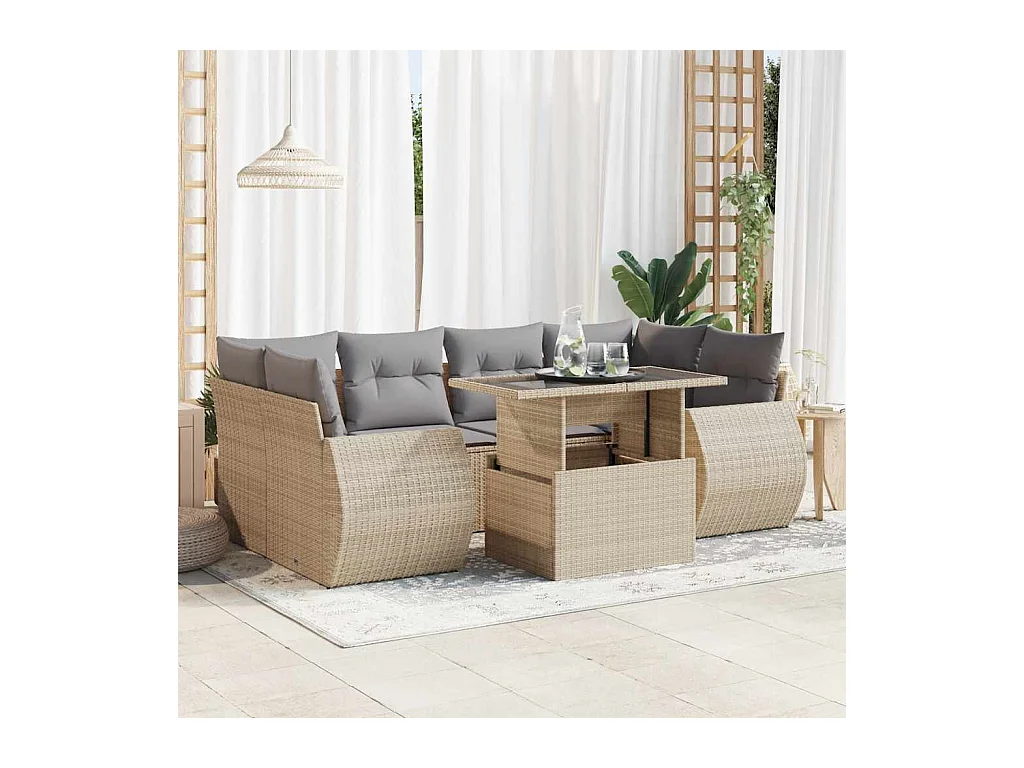 Salon de jardin avec coussins 7 pcs beige résine tressée