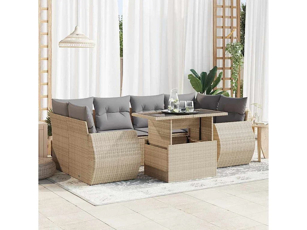 7-tlg. Garten-Sofagarnitur mit Kissen Beige Poly Rattan