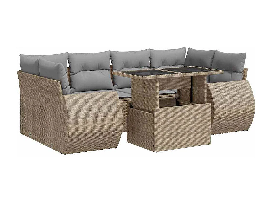 Set Divani da Giardino 7 pz con Cuscini Beige in Polyrattan