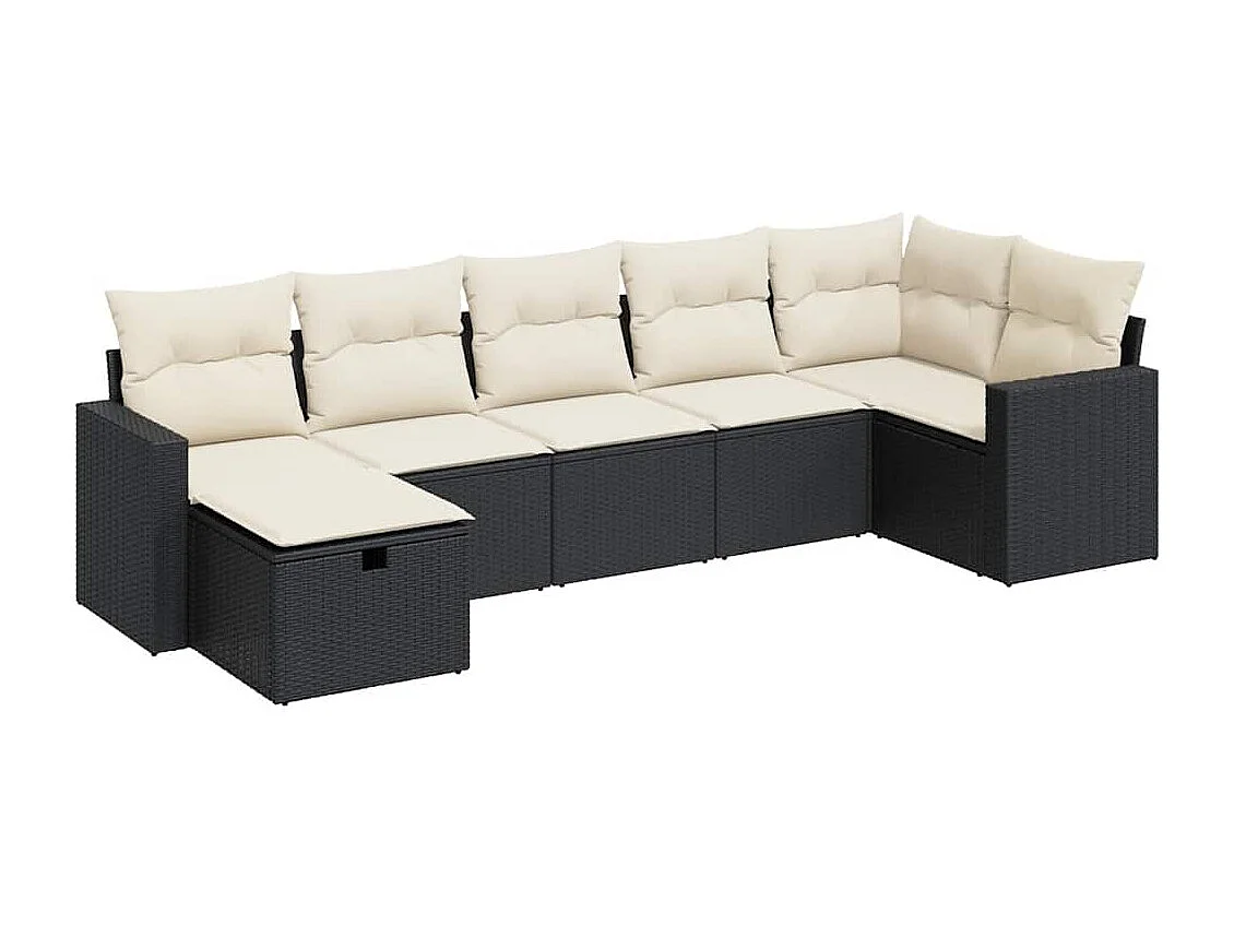 7-delige Loungeset met kussens poly rattan zwart