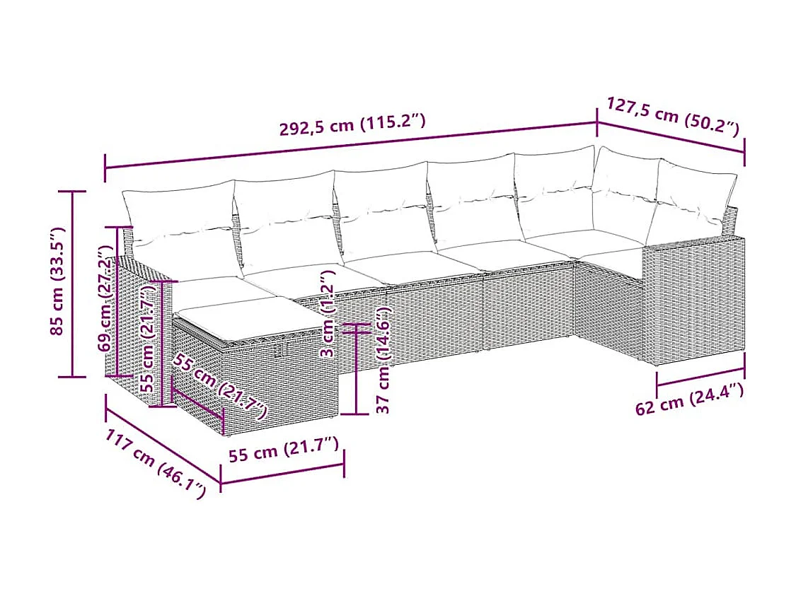 7-delige Loungeset met kussens poly rattan zwart