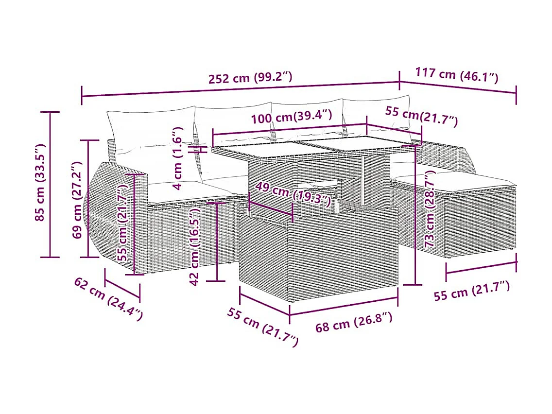 Salon de jardin 6 pcs avec coussins noir résine tressée