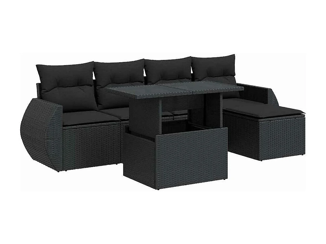 Salon de jardin 6 pcs avec coussins noir résine tressée