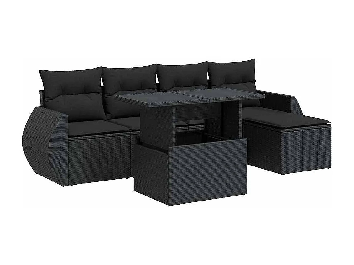 Set Divano da Giardino 6 pz con Cuscini Nero in Polyrattan