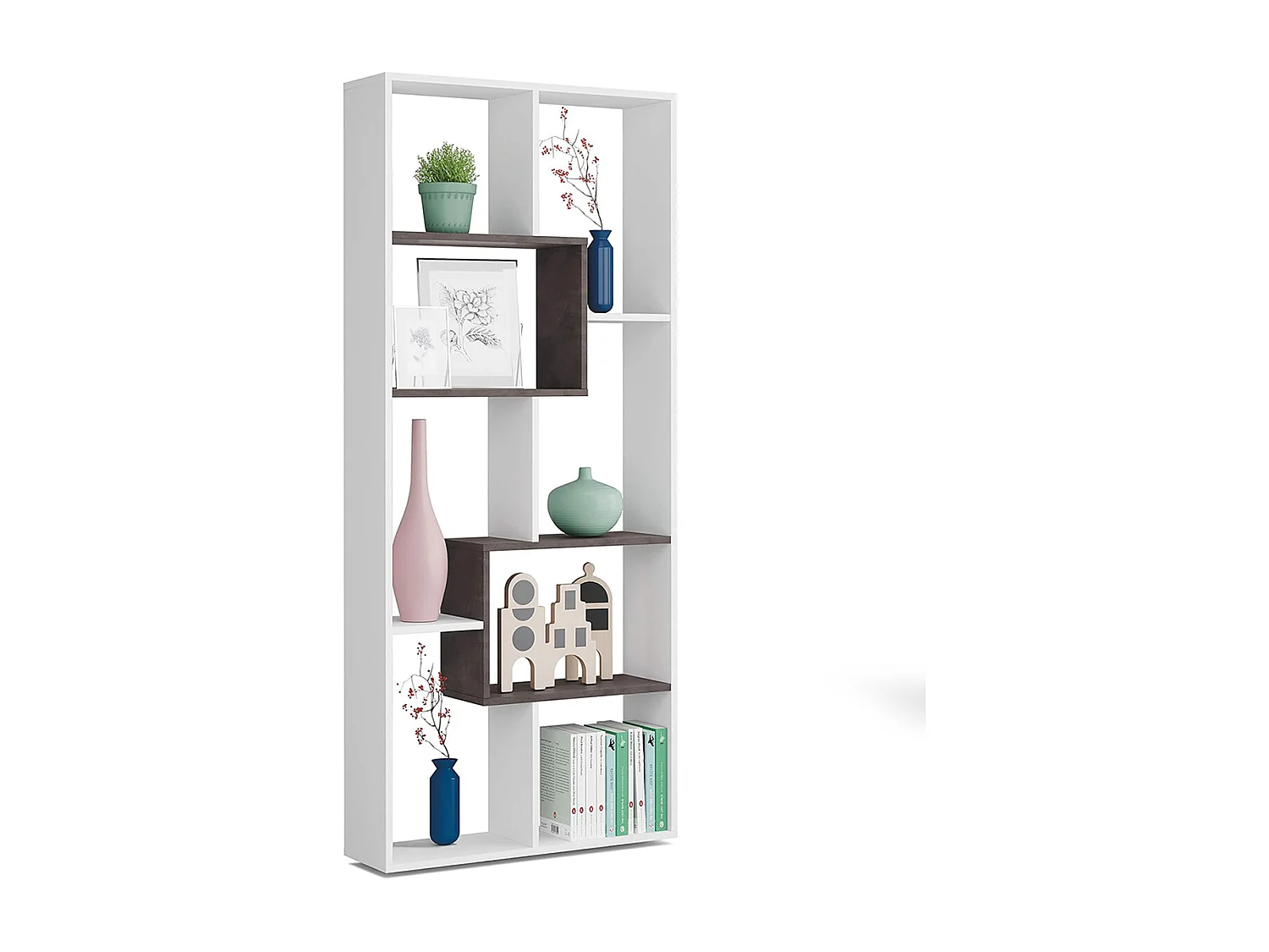 Librería Biblioteca Multiposiciones Horizontal y Vertical Blanco ártico/Efecto Industrial Envejecido - 180 x 80 x 25 cm