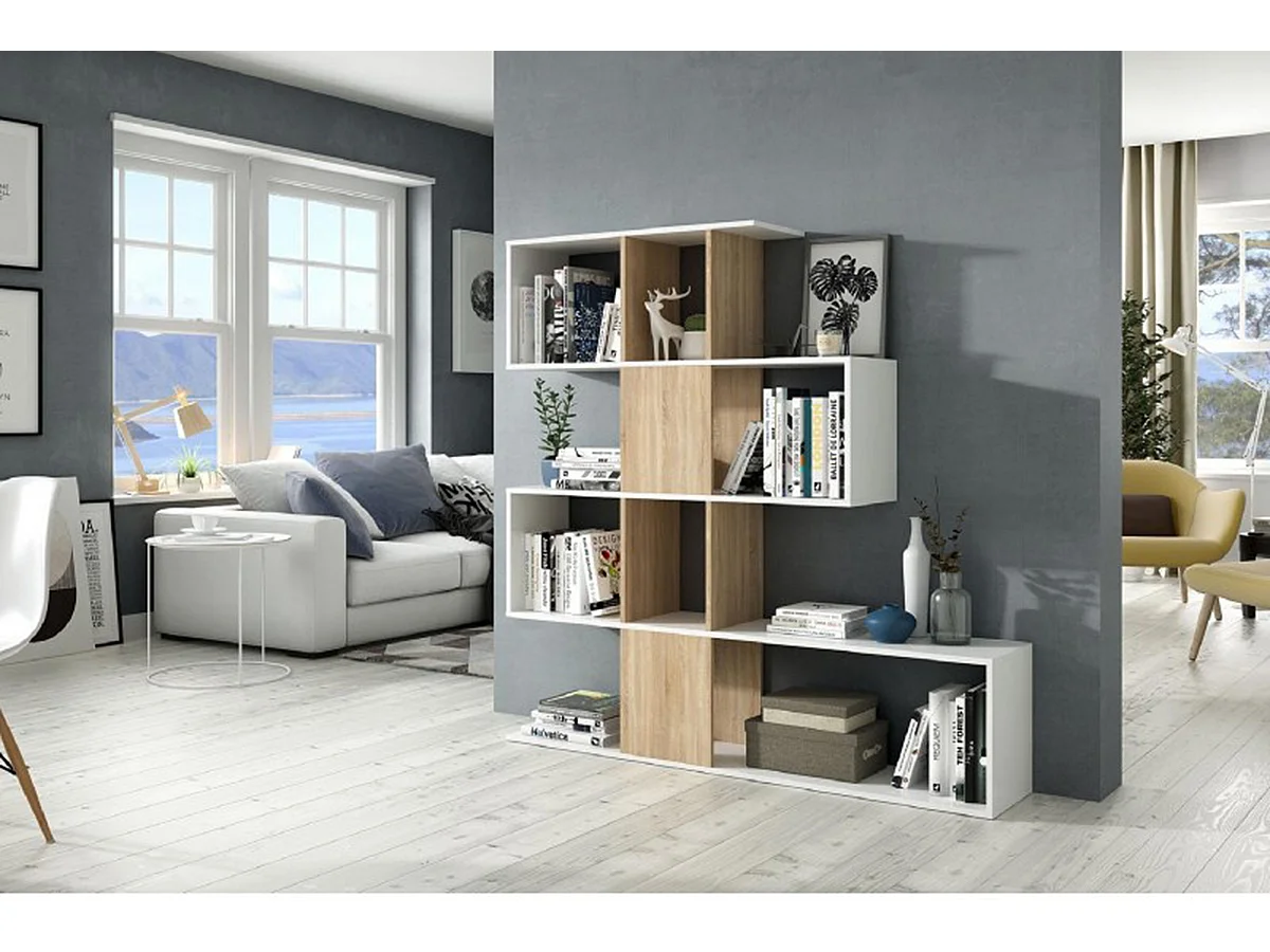 Estantería Librería Moderna con Acabado en Blanco Artik y Roble Canadian - Dim: 145 cm (Alto) x 145 cm (Ancho) x 29 cm (Fondo)