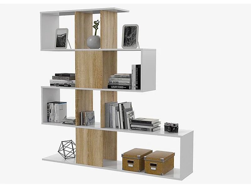 Estantería Librería Moderna con Acabado en Blanco Artik y Roble Canadian - Dim: 145 cm (Alto) x 145 cm (Ancho) x 29 cm (Fondo)