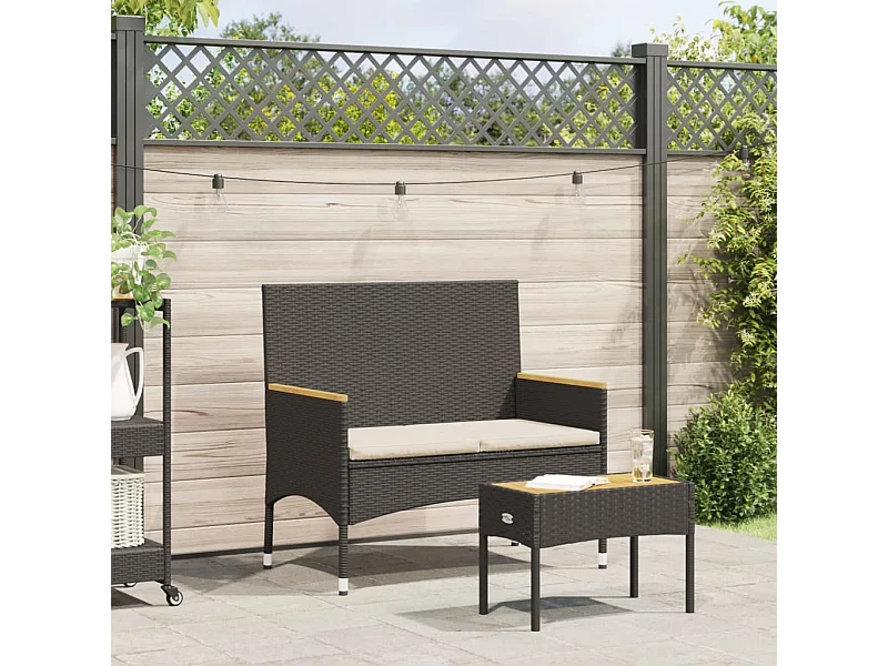 Gartenbank 2-Sitzer mit Kissen und Tisch Schwarz Poly Rattan