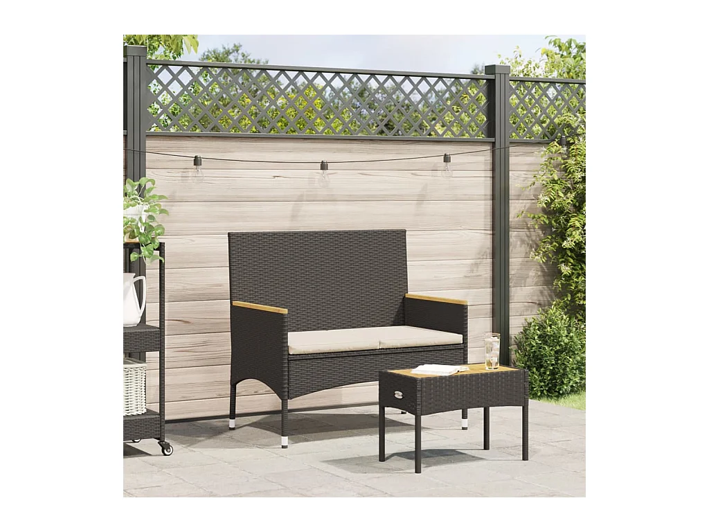 Gartenbank 2-Sitzer mit Kissen und Tisch Schwarz Poly Rattan