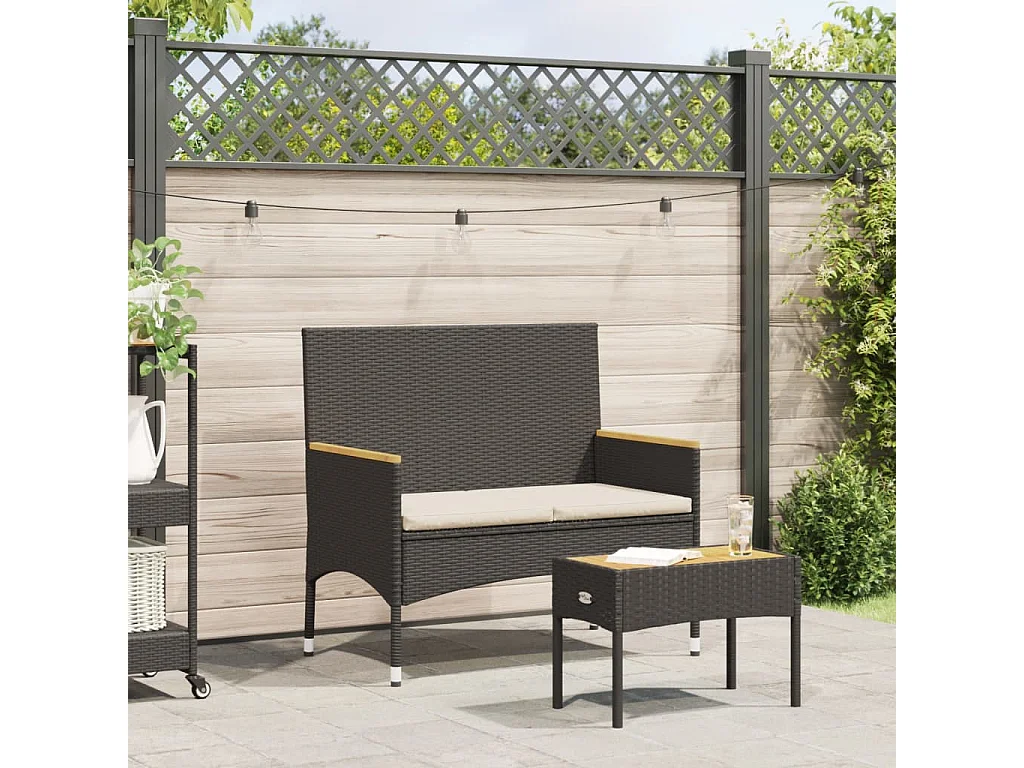 Gartenbank 2-Sitzer mit Kissen und Tisch Schwarz Poly Rattan