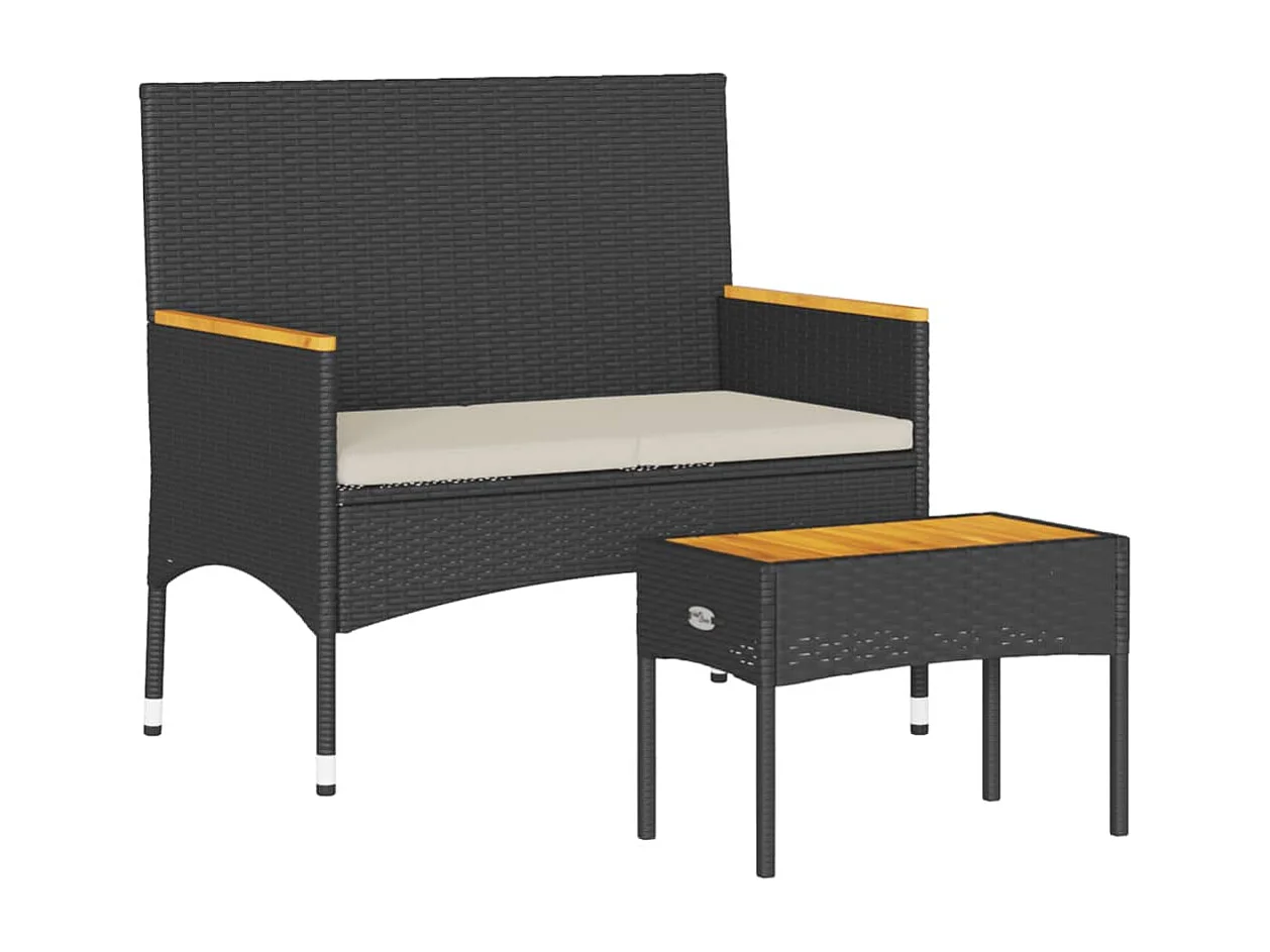 Gartenbank 2-Sitzer mit Kissen und Tisch Schwarz Poly Rattan