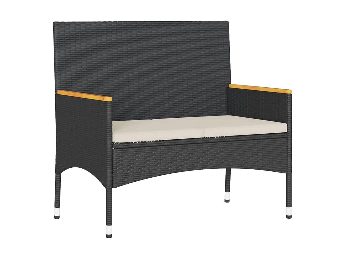 Gartenbank 2-Sitzer mit Kissen und Tisch Schwarz Poly Rattan