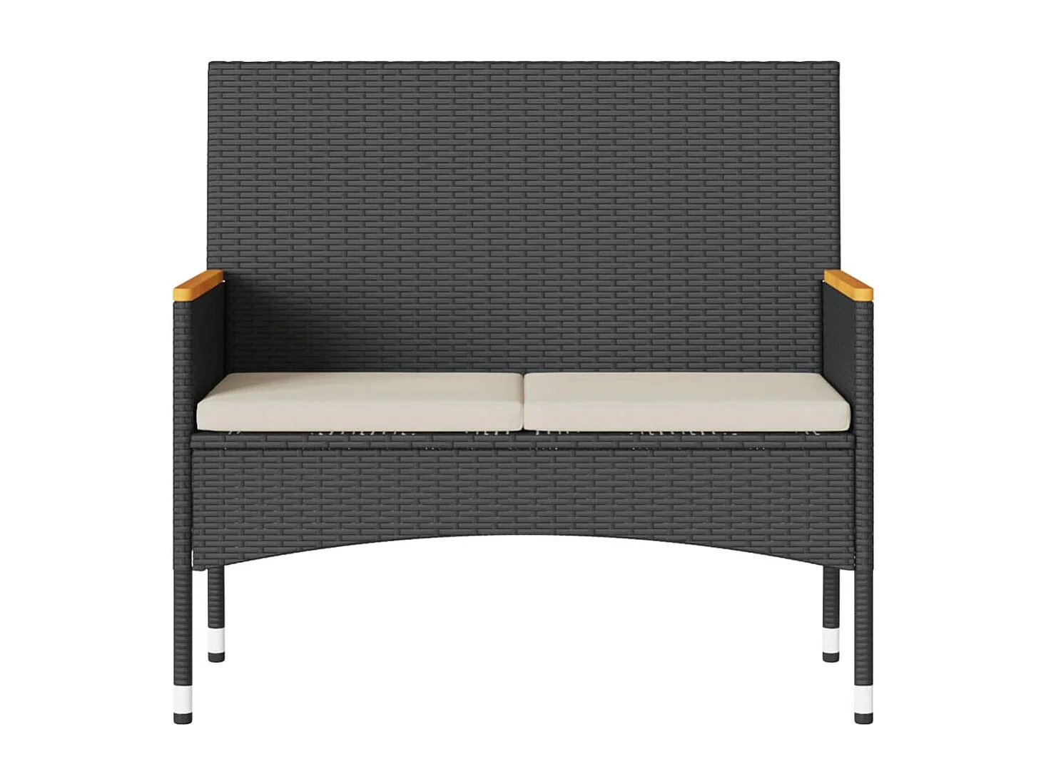 Gartenbank 2-Sitzer mit Kissen und Tisch Schwarz Poly Rattan