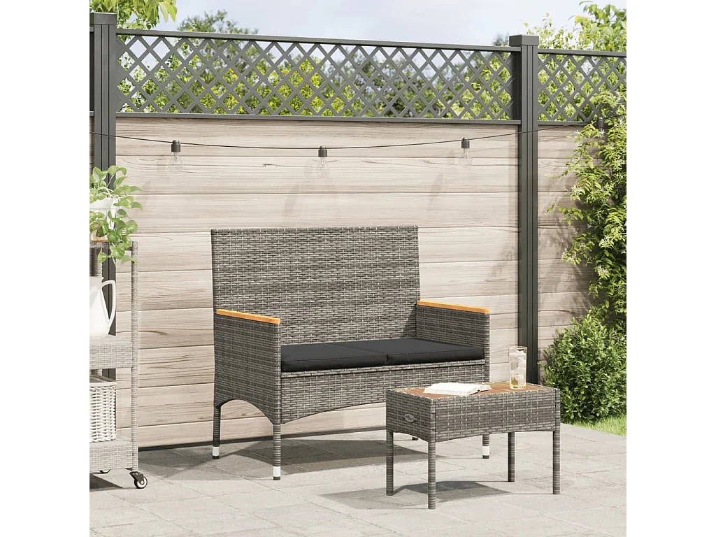 Gartenbank 2-Sitzer mit Kissen und Tisch Grau Poly Rattan