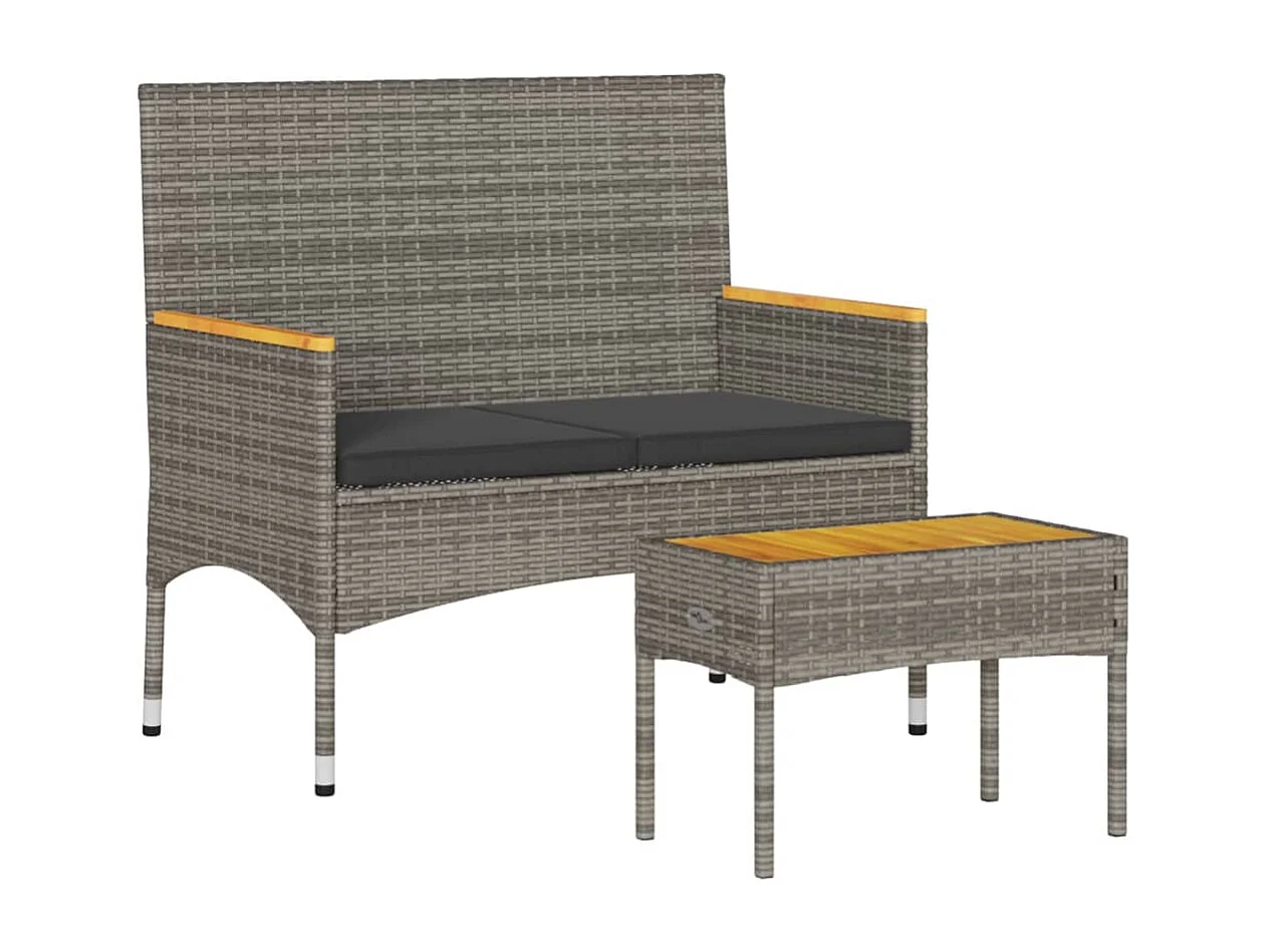 Gartenbank 2-Sitzer mit Kissen und Tisch Grau Poly Rattan