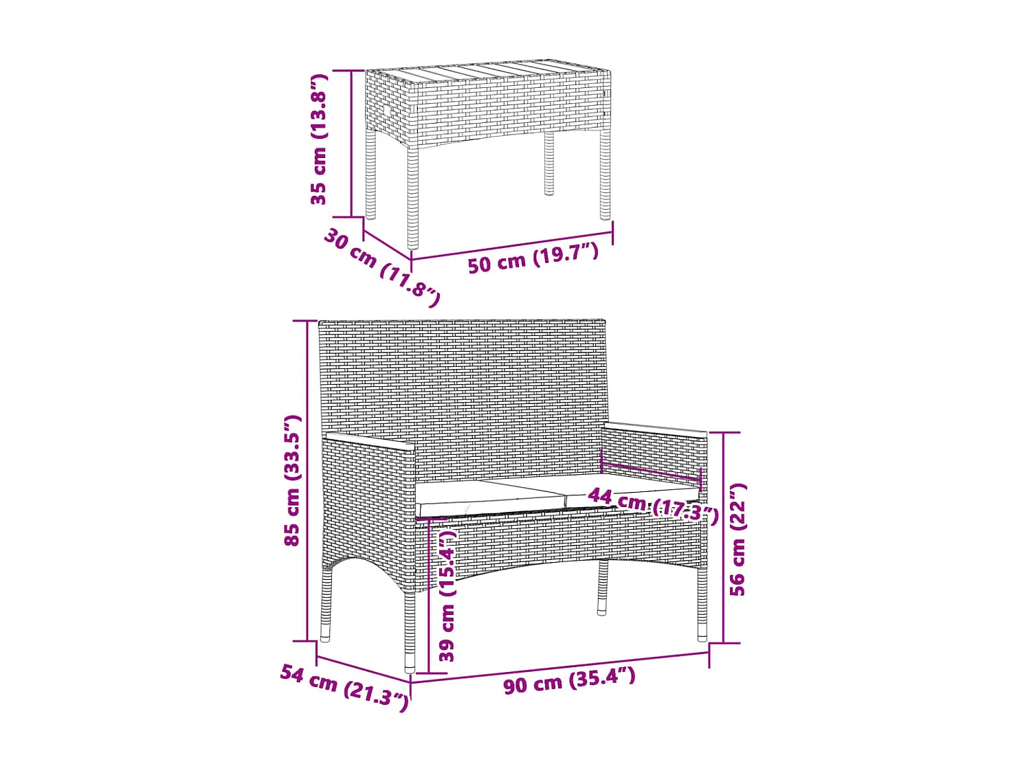 Gartenbank 2-Sitzer mit Kissen und Tisch Grau Poly Rattan