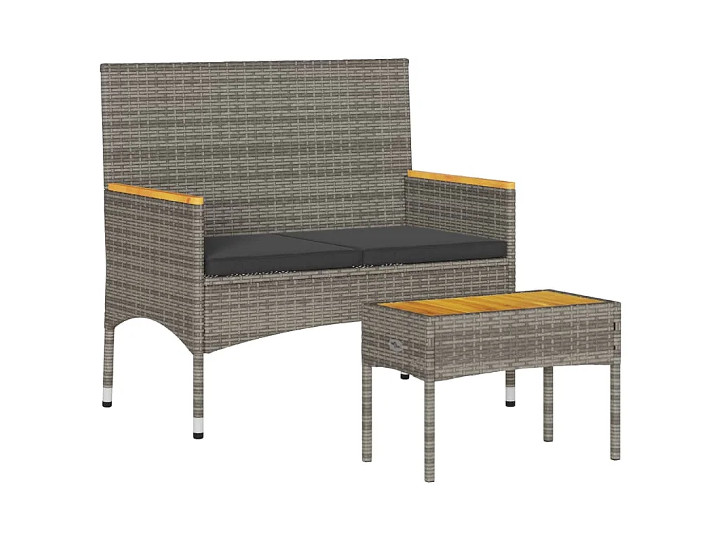 Gartenbank 2-Sitzer mit Kissen und Tisch Grau Poly Rattan