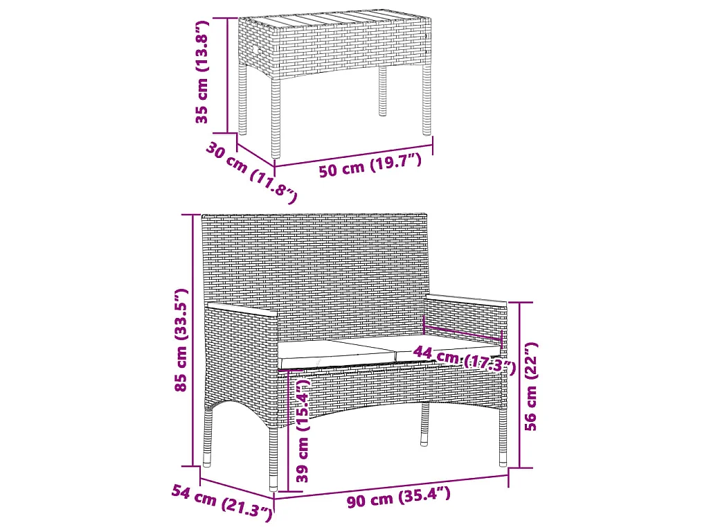 Gartenbank 2-Sitzer mit Kissen und Tisch Grau Poly Rattan