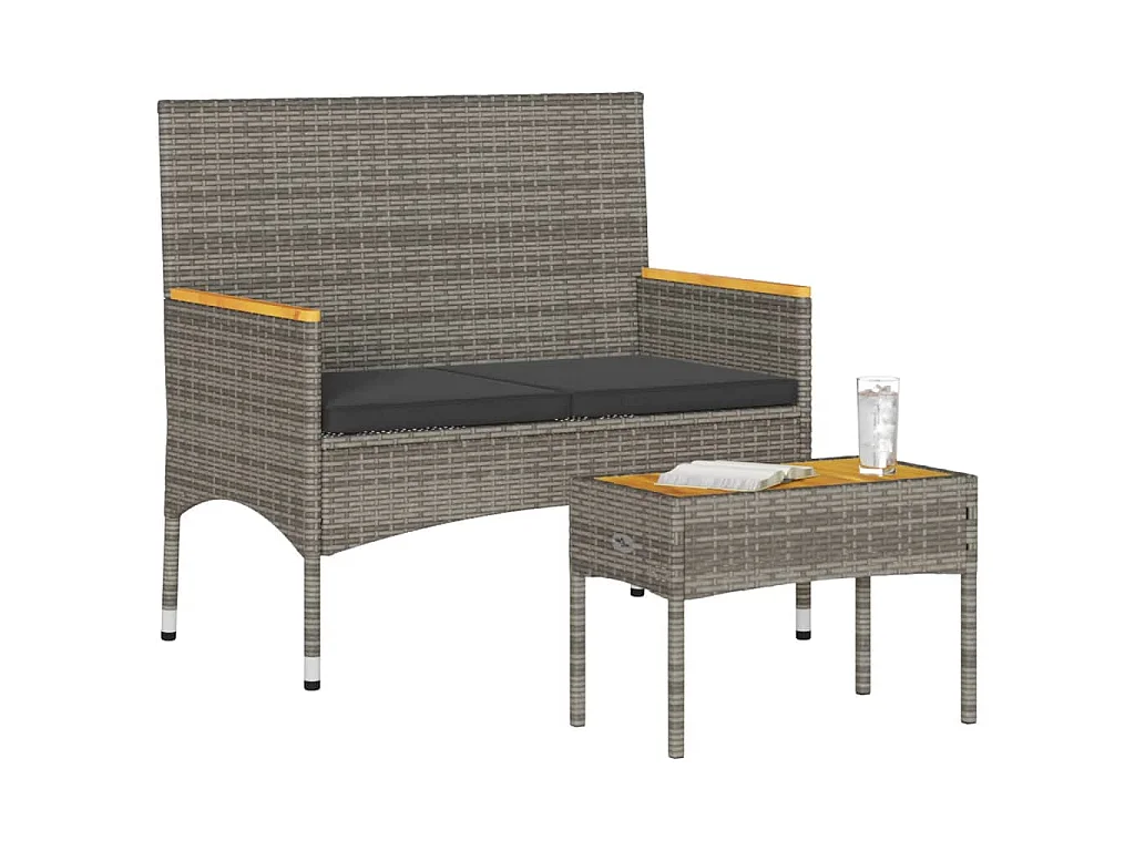 Gartenbank 2-Sitzer mit Kissen und Tisch Grau Poly Rattan