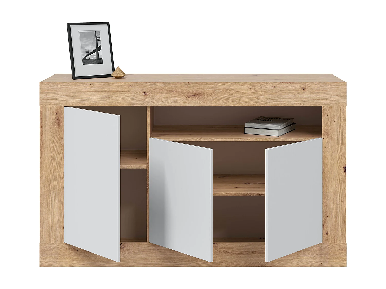 Aparador Buffet Mueble de Almacenamiento en aglomerado de melamina Color Blanco Mate y Roble - Altura 87 x Longitud 144 cm x Profundidad 42 cm