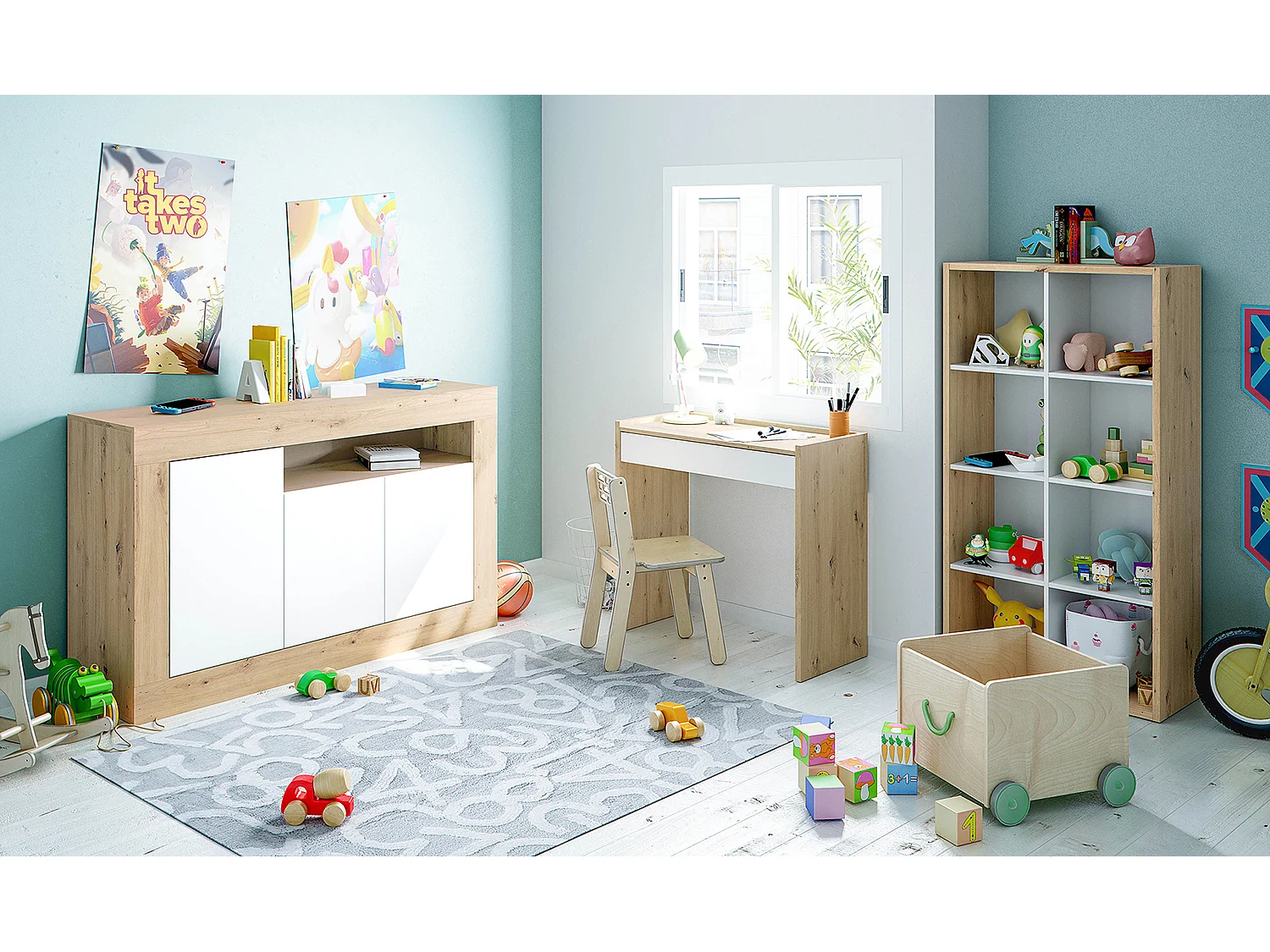 Aparador Buffet Mueble de Almacenamiento en aglomerado de melamina Color Blanco Mate y Roble - Altura 87 x Longitud 144 cm x Profundidad 42 cm