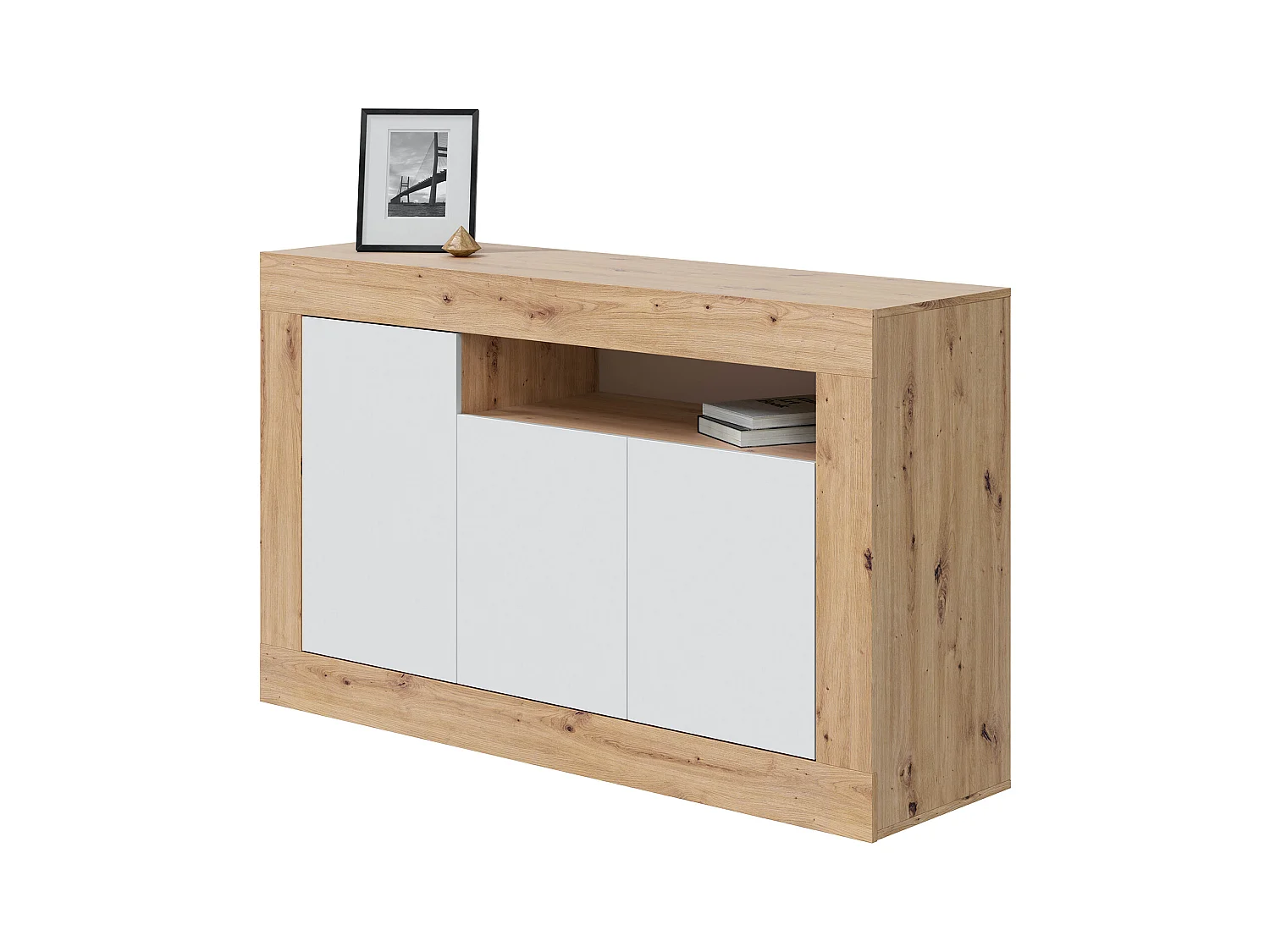 Aparador Buffet Mueble de Almacenamiento en aglomerado de melamina Color Blanco Mate y Roble - Altura 87 x Longitud 144 cm x Profundidad 42 cm
