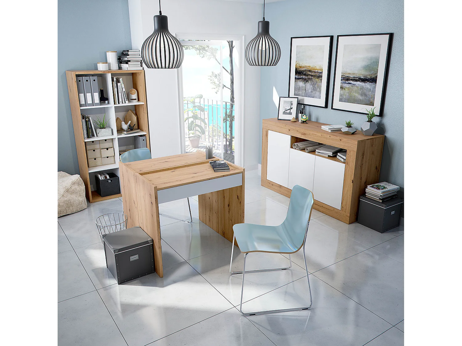 Aparador Buffet Mueble de Almacenamiento en aglomerado de melamina Color Blanco Mate y Roble - Altura 87 x Longitud 144 cm x Profundidad 42 cm