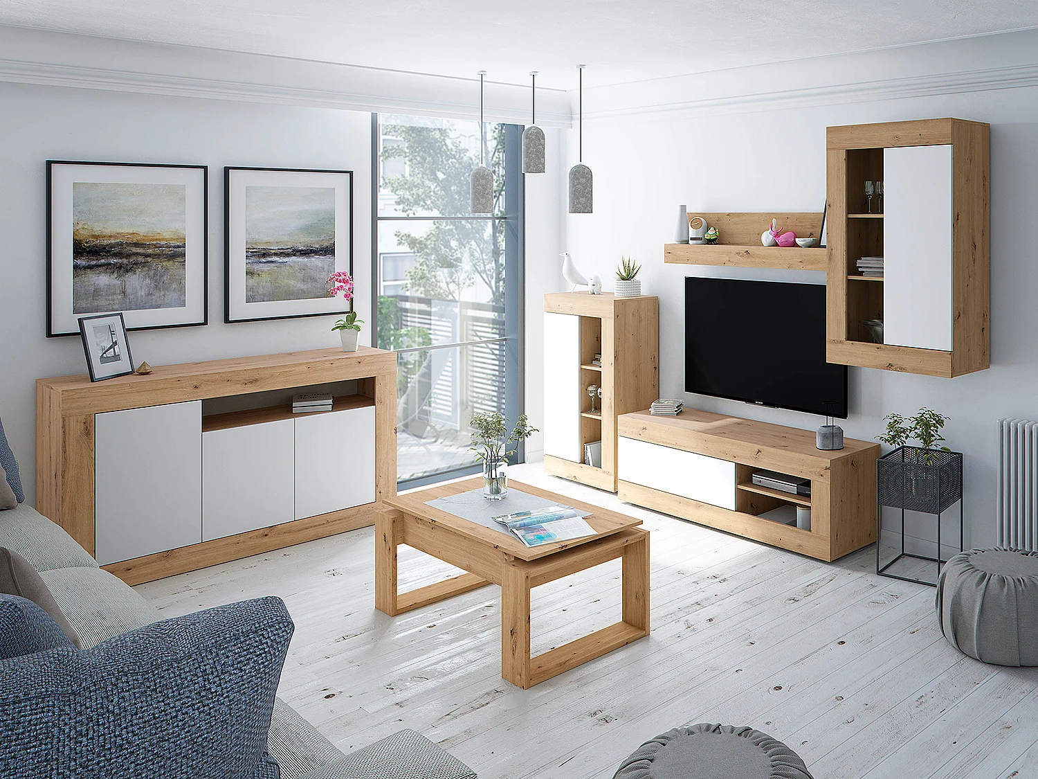 Aparador Buffet Mueble de Almacenamiento en aglomerado de melamina Color Blanco Mate y Roble - Altura 87 x Longitud 144 cm x Profundidad 42 cm