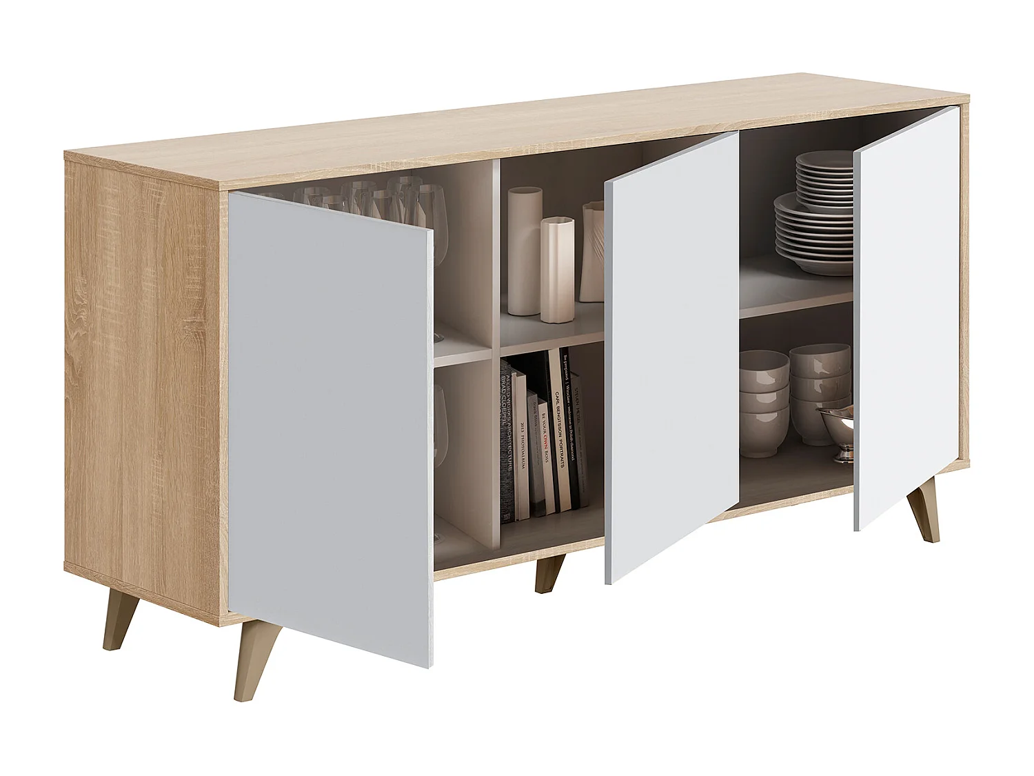Aparador Buffet Mueble de Almacenamiento en melamina Color Roble Canadian y Blanco artik - Altura 75 x Longitud 154 cm x Profundidad 40 cm