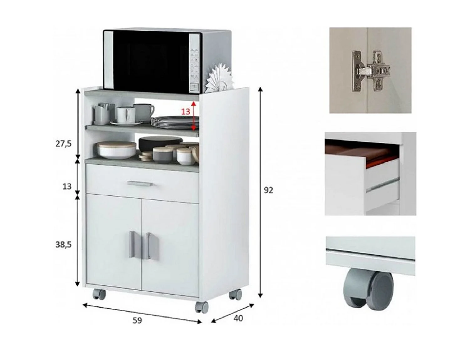 Mueble para Microondas con Ruedas de Madera melamina Blanco Efecto Cemento - Longitud 59 x Profundidad 40 x Altura 92 cm