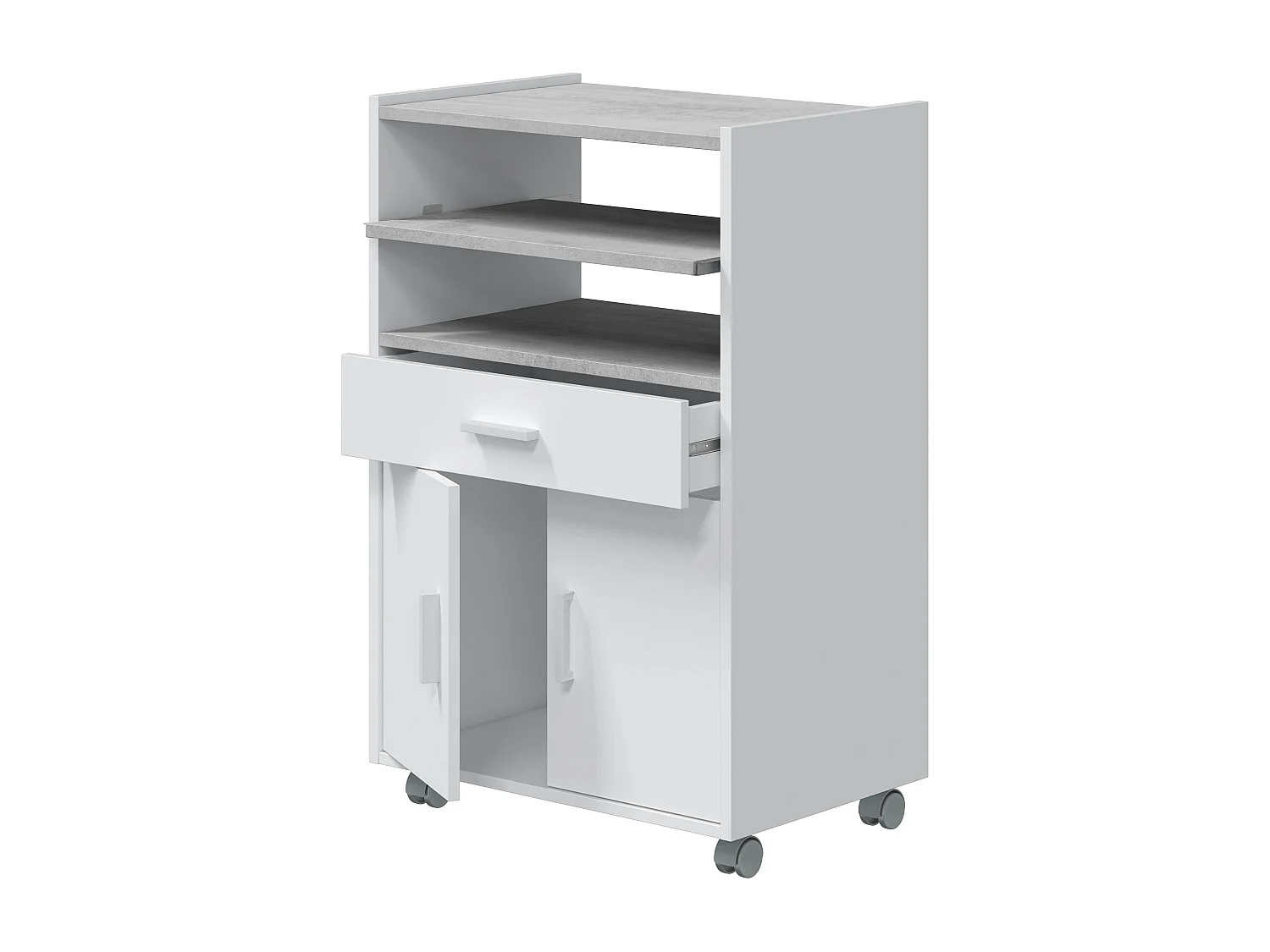 Mueble para Microondas con Ruedas de Madera melamina Blanco Efecto Cemento - Longitud 59 x Profundidad 40 x Altura 92 cm