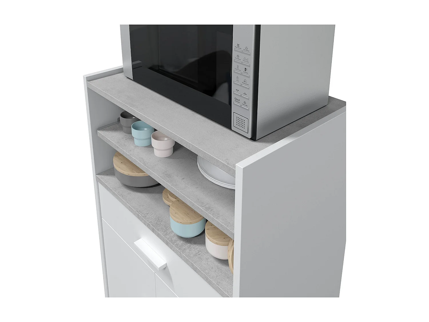 Mueble para Microondas con Ruedas de Madera melamina Blanco Efecto Cemento - Longitud 59 x Profundidad 40 x Altura 92 cm