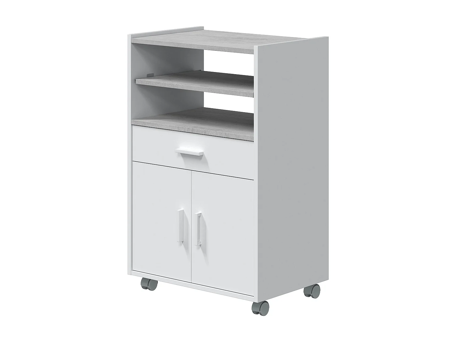 Mueble para Microondas con Ruedas de Madera melamina Blanco Efecto Cemento - Longitud 59 x Profundidad 40 x Altura 92 cm