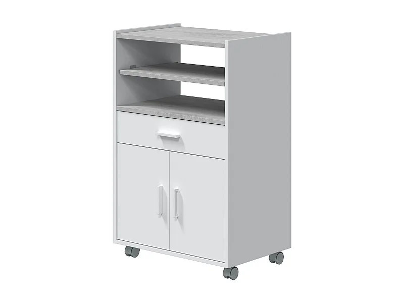 Mueble para Microondas con Ruedas de Madera melamina Blanco Efecto Cemento - Longitud 59 x Profundidad 40 x Altura 92 cm
