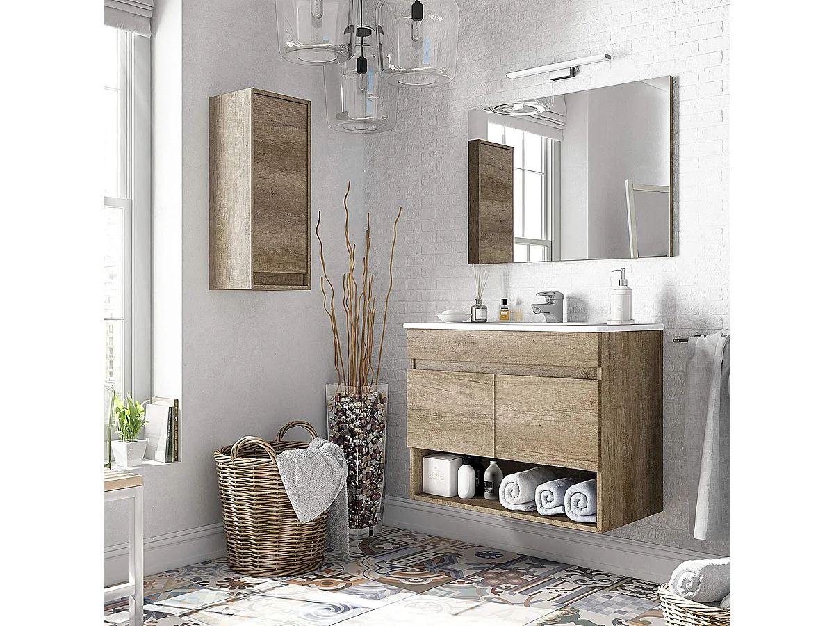Mueble de Baño Lavabo Suspendido con 2 Puertas y Espejo Acabado en Nordik - Dim: 80 cm (Ancho) x 64 cm (Alto) x 45 cm (Fondo)