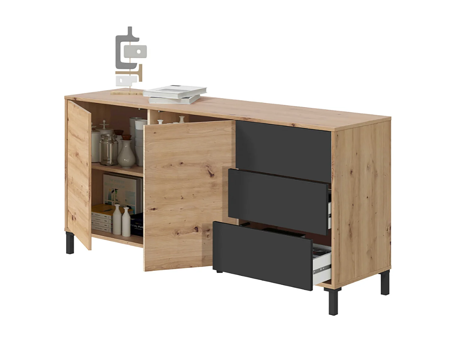 Aparador Buffet Mueble de Almacenamiento en melamina Color Roble y Gris Antracita - Altura 74 x Longitud 154 x Profundidad 41 cm