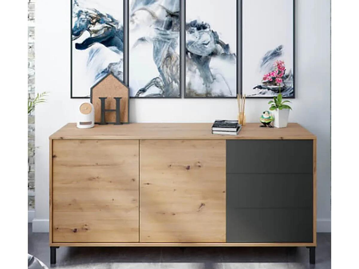 Aparador Buffet Mueble de Almacenamiento en melamina Color Roble y Gris Antracita - Altura 74 x Longitud 154 x Profundidad 41 cm