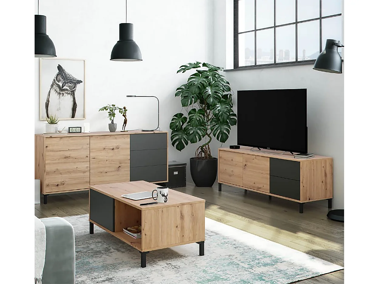 Aparador Buffet Mueble de Almacenamiento en melamina Color Roble y Gris Antracita - Altura 74 x Longitud 154 x Profundidad 41 cm