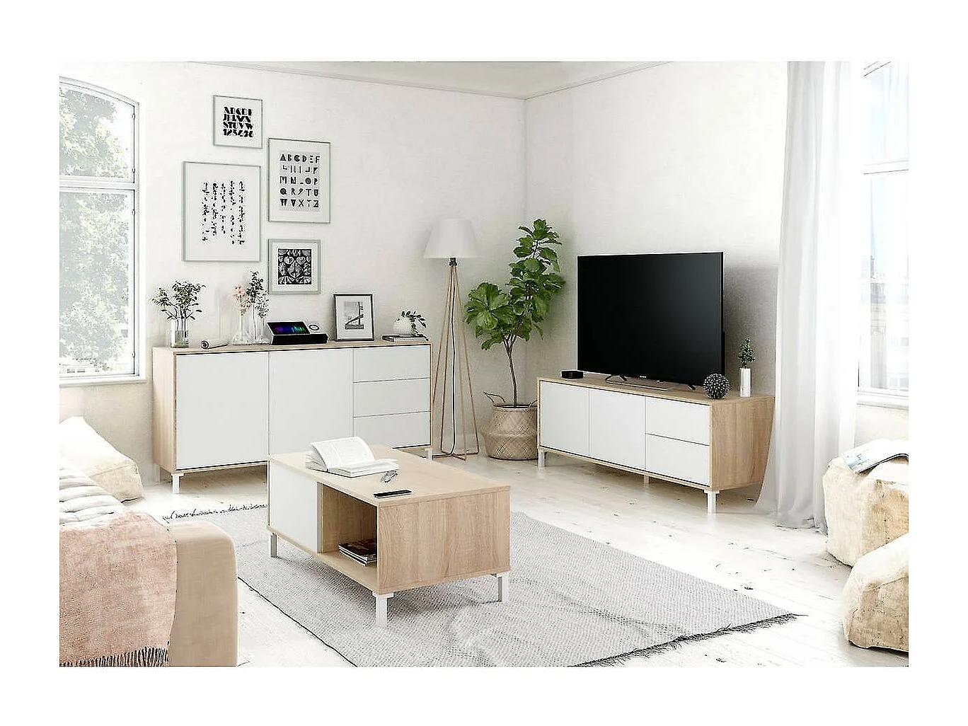 Mueble de TV con 2 Puertas y 2 Cajones de Estilo Moderno con Acabado en Color Blanco Artik y Roble - Dim: 47 x 130 x 41 cm