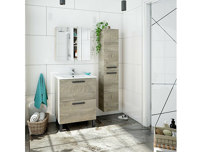 Armario Alto Para Baño - 160x30x30 Cm, 2 Puertas Y 2 Compartimentos Abiertos, MDF Y Pino, Color Gris/Madera, De En.casa