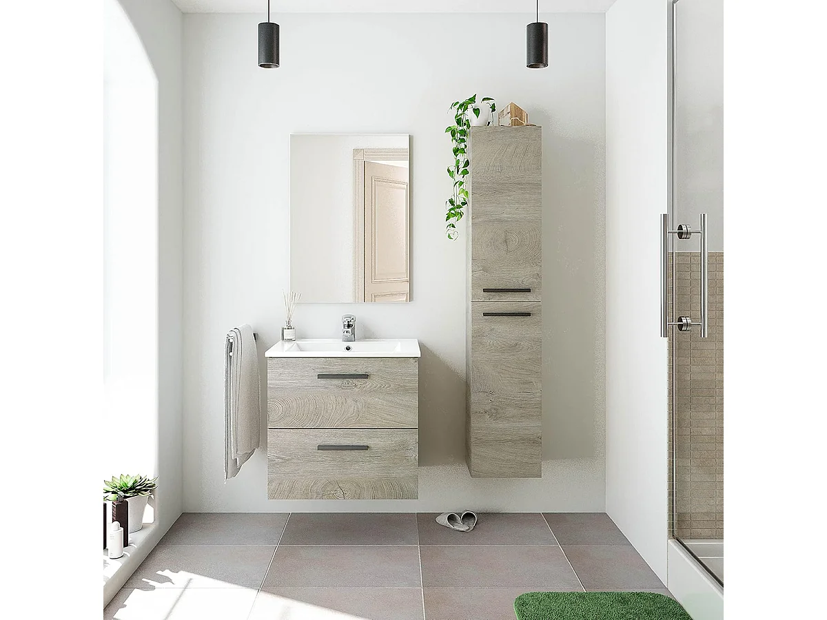 Columna de Baño Suspendida con 2 Puertas, acabada en Color Roble Alaska - Dim: 30 cm (Ancho) x 150 cm (Alto) x 25 cm (Fondo)