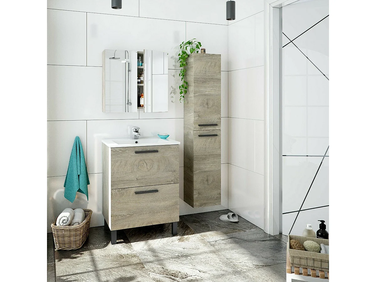 Columna de Baño Suspendida con 2 Puertas, acabada en Color Roble Alaska - Dim: 30 cm (Ancho) x 150 cm (Alto) x 25 cm (Fondo)