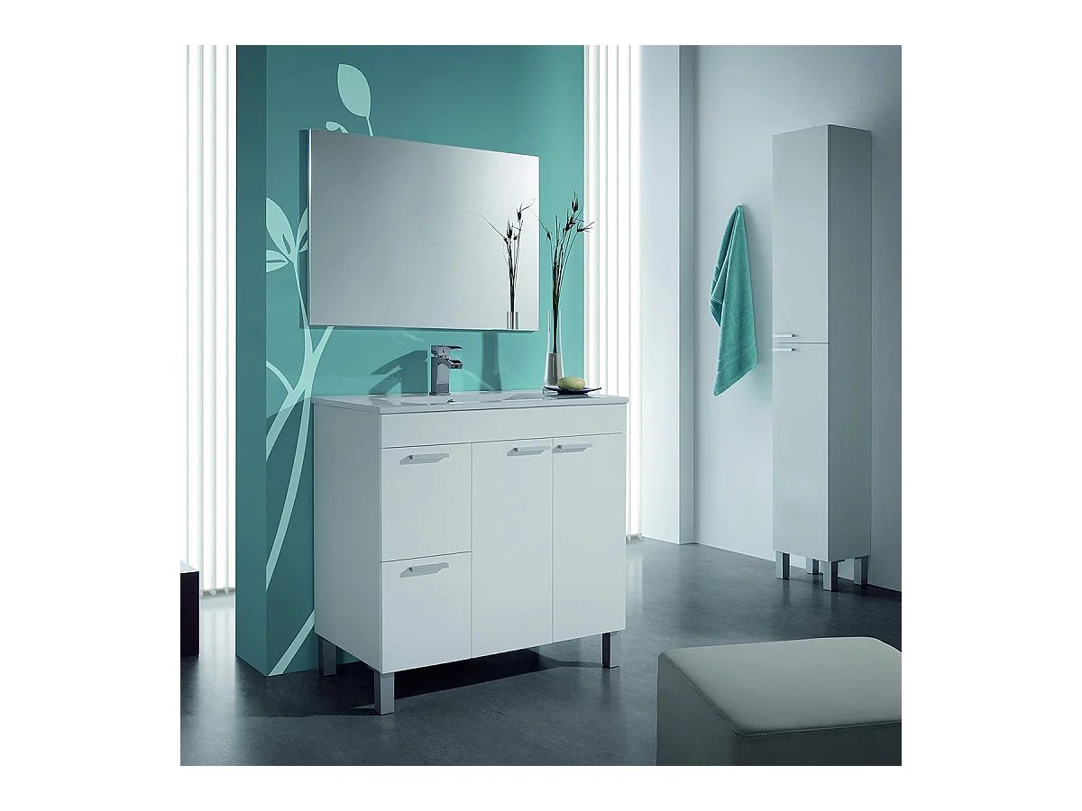 Columna de Baño Moderna con Patas y 2 Puertas, Acabado en Color Blanco Brillo - Dim: 30 cm (Ancho) x 182 cm (Alto) x 25 cm (Fondo)