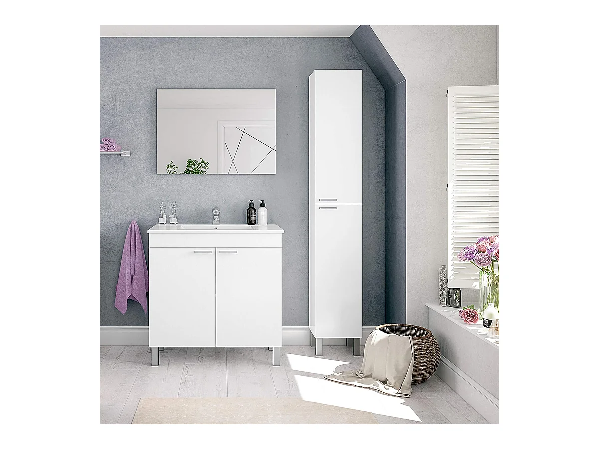 Columna de Baño Moderna con Patas y 2 Puertas, Acabado en Color Blanco Brillo - Dim: 30 cm (Ancho) x 182 cm (Alto) x 25 cm (Fondo)