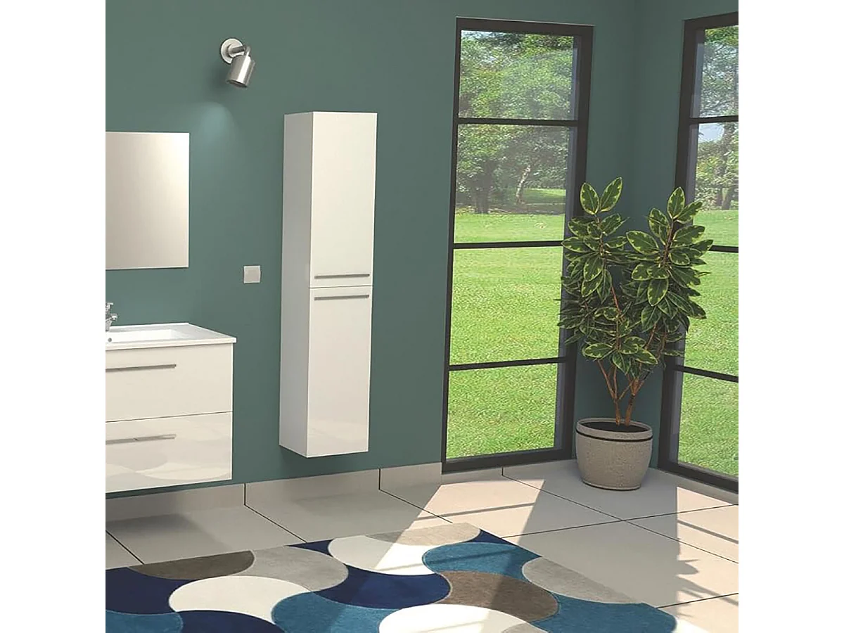 Columna de Baño o Aseo Suspendida de 2 Puertas, Armario Auxiliar con Acabado en Color Blanco Brillo - Dim: 30 cm (Ancho) x 150 cm (Alto) x 25 cm (Fondo)