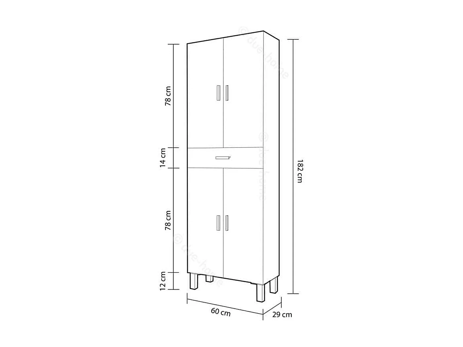 Columna de baño con Patas, 4 Puertas y Cajón, Acabado en Blanco Brillo - Dim: 60 cm (Ancho) x 182 cm (Alto) X 29 cm (Fondo)
