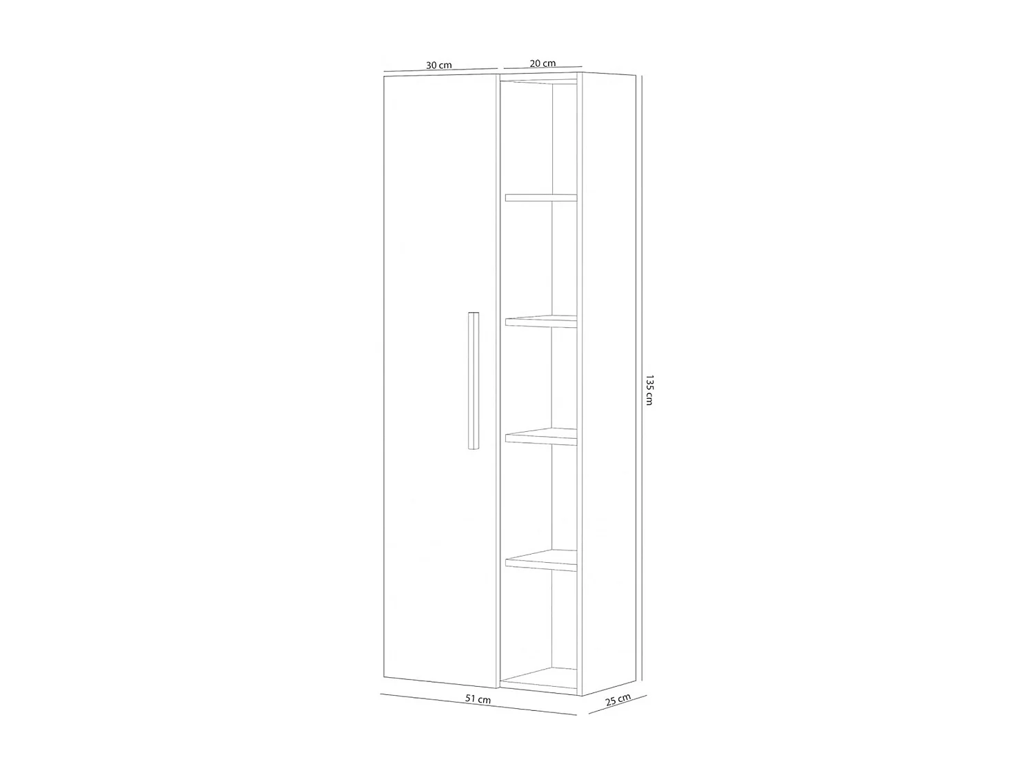 Columna de Baño Suspendida con una Puerta y Estantes con Acabado en Color Roble Alaska - Dim: 51 cm (Ancho) x 135 cm (Alto) x 25 cm (Fondo)
