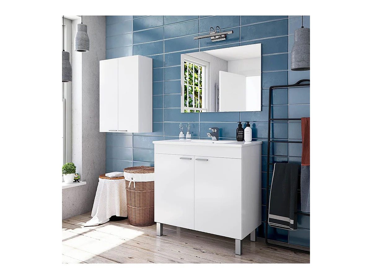 Columna de Baño Suspendida con Puerta, Acabado en Color Blanco Brillo - Dim: 30 cm (Ancho) x 85 cm (Alto) x 25 cm (Fondo)