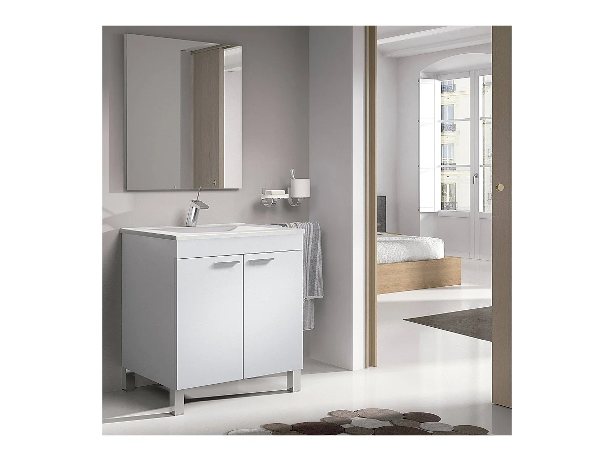 Mueble de Baño o Aseo con Patas, 2 Puertas y Espejo, Acabado en Blanco Brillo - Dim: 60 cm (Ancho) x 80 cm (Alto) x 45 cm (Fondo)