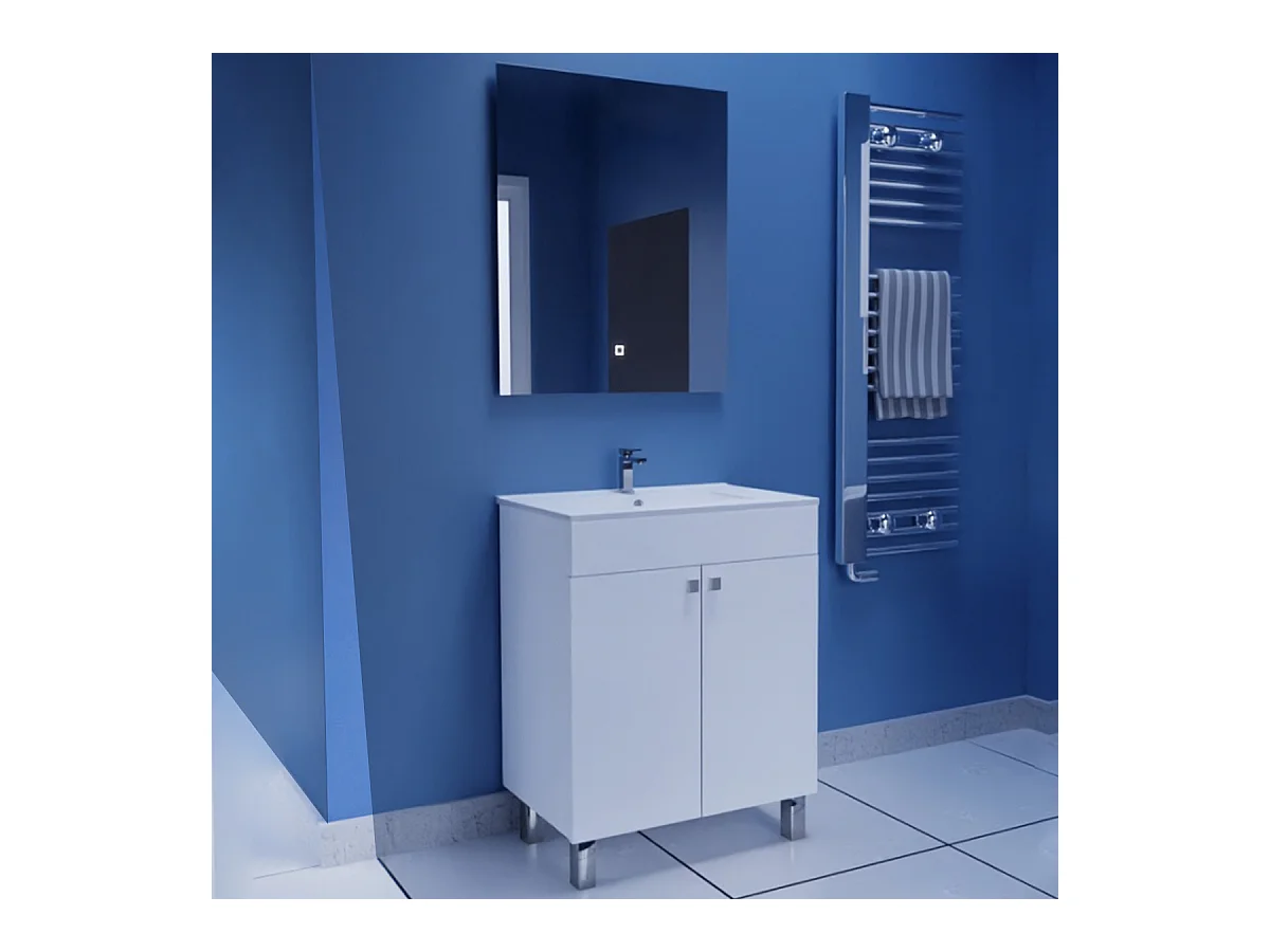 Mueble de Baño o Aseo con Patas, 2 Puertas y Espejo, Acabado en Blanco Brillo - Dim: 60 cm (Ancho) x 80 cm (Alto) x 45 cm (Fondo)